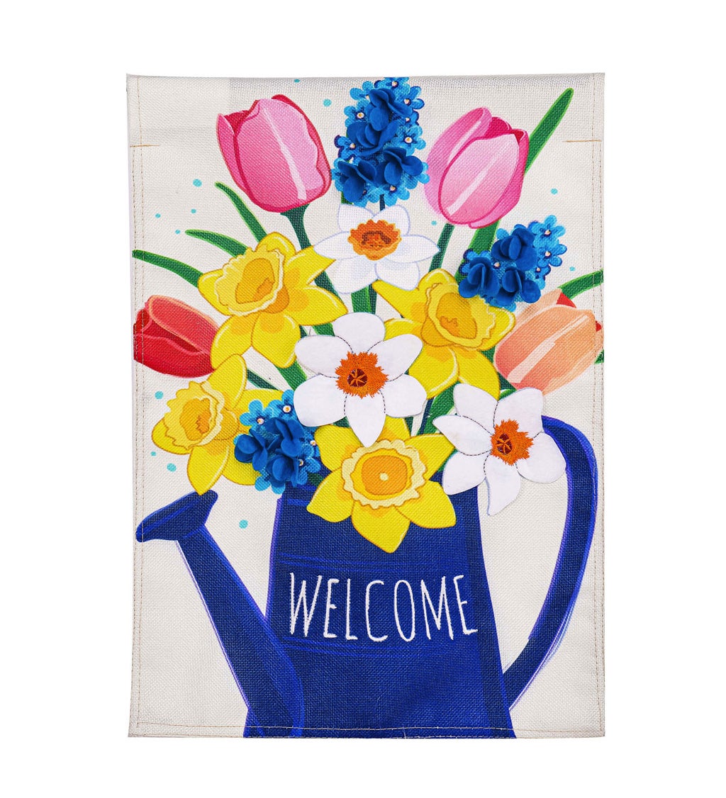 Spring Flower Watering Can House Burlap Flag