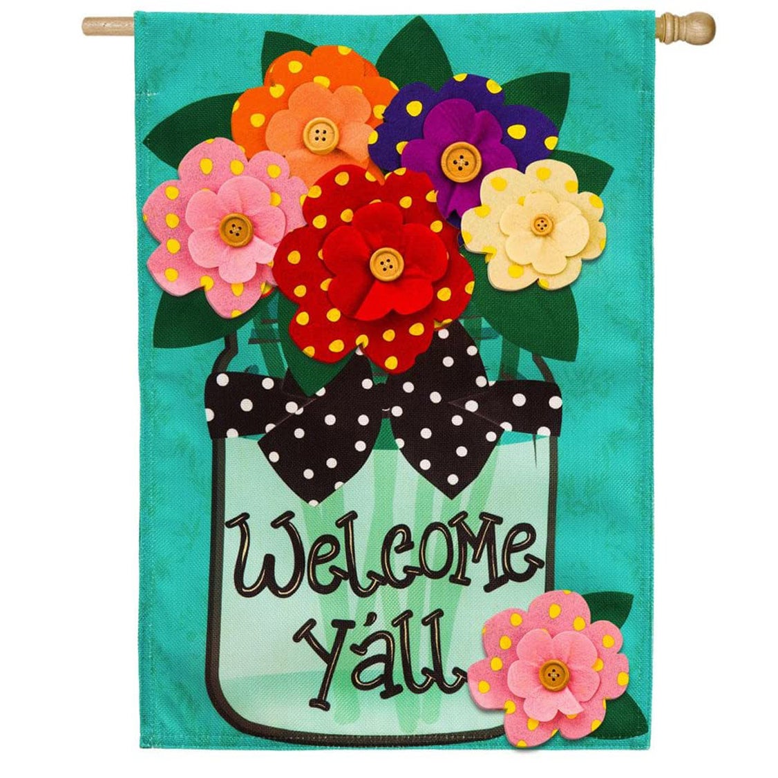 Welcome Y'all Polka Dot Flowers Burlap House Flag
