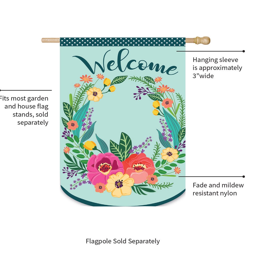 Spring Floral Welcome Wreath House Applique Flag