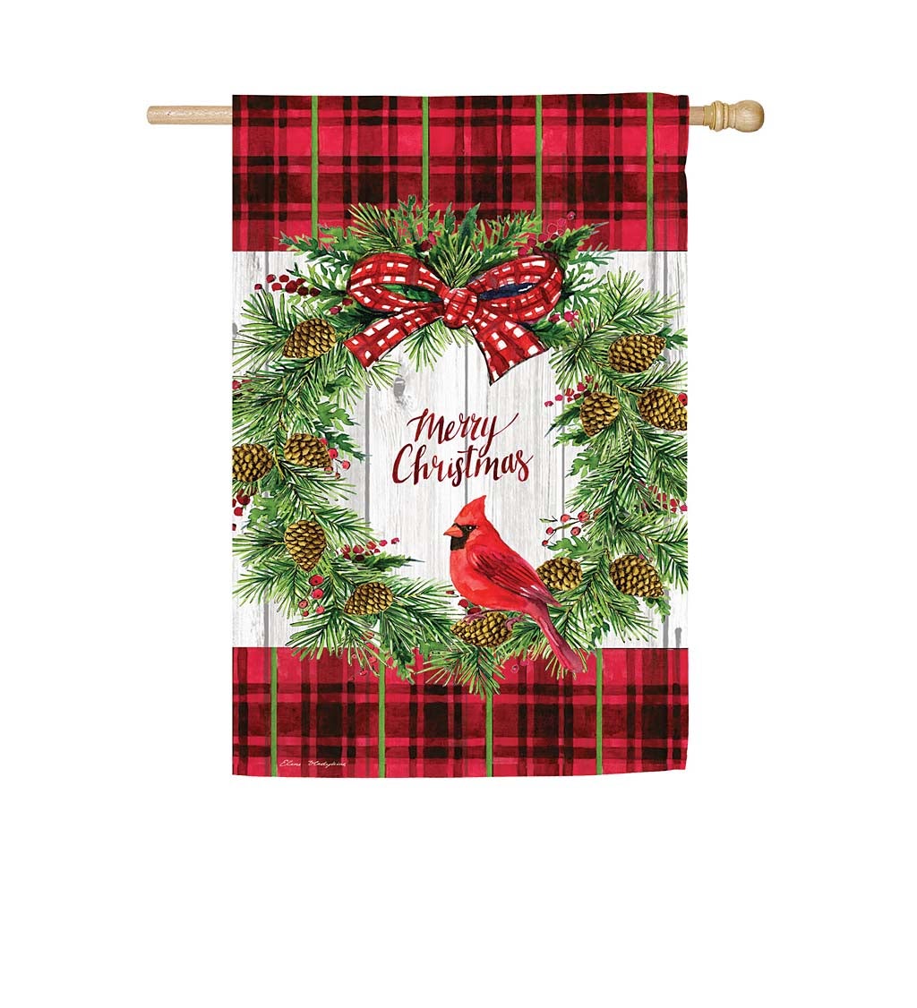 Christmas Cardinal Wreath House Textured Suede Flag