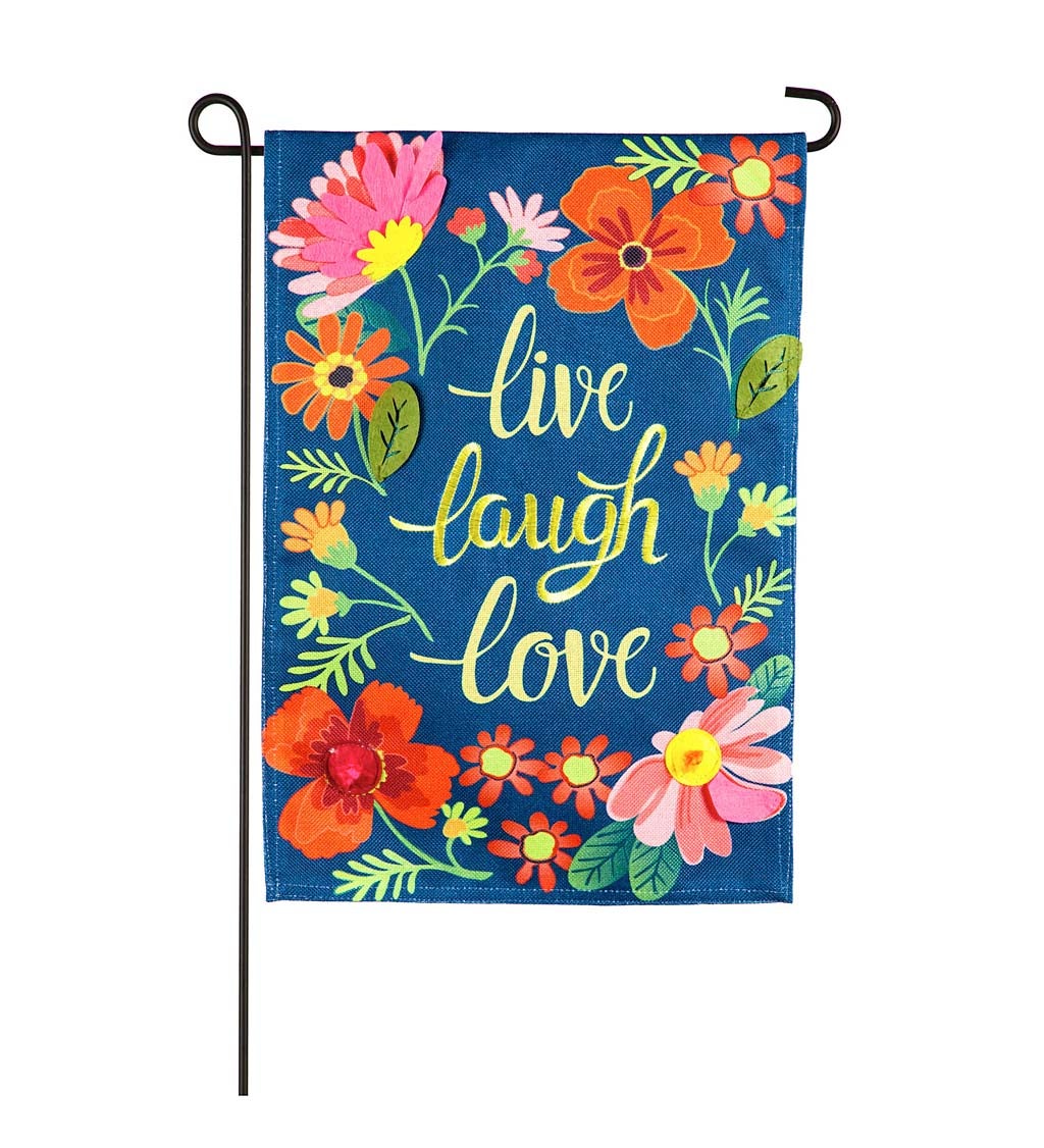 Live Laugh Love Floral Garden Burlap Flag