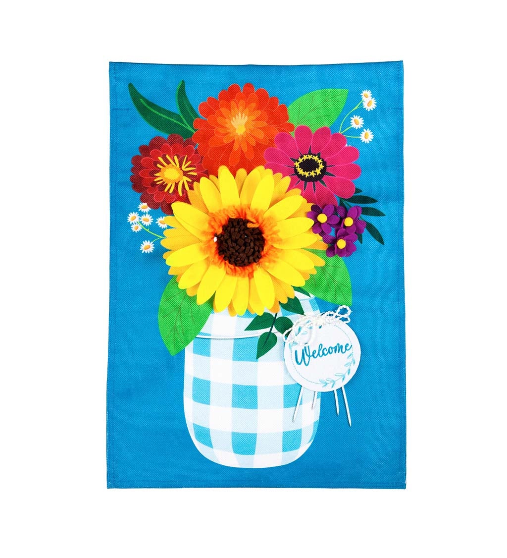 Plaid Mason Jar with Flowers Garden Burlap Flag