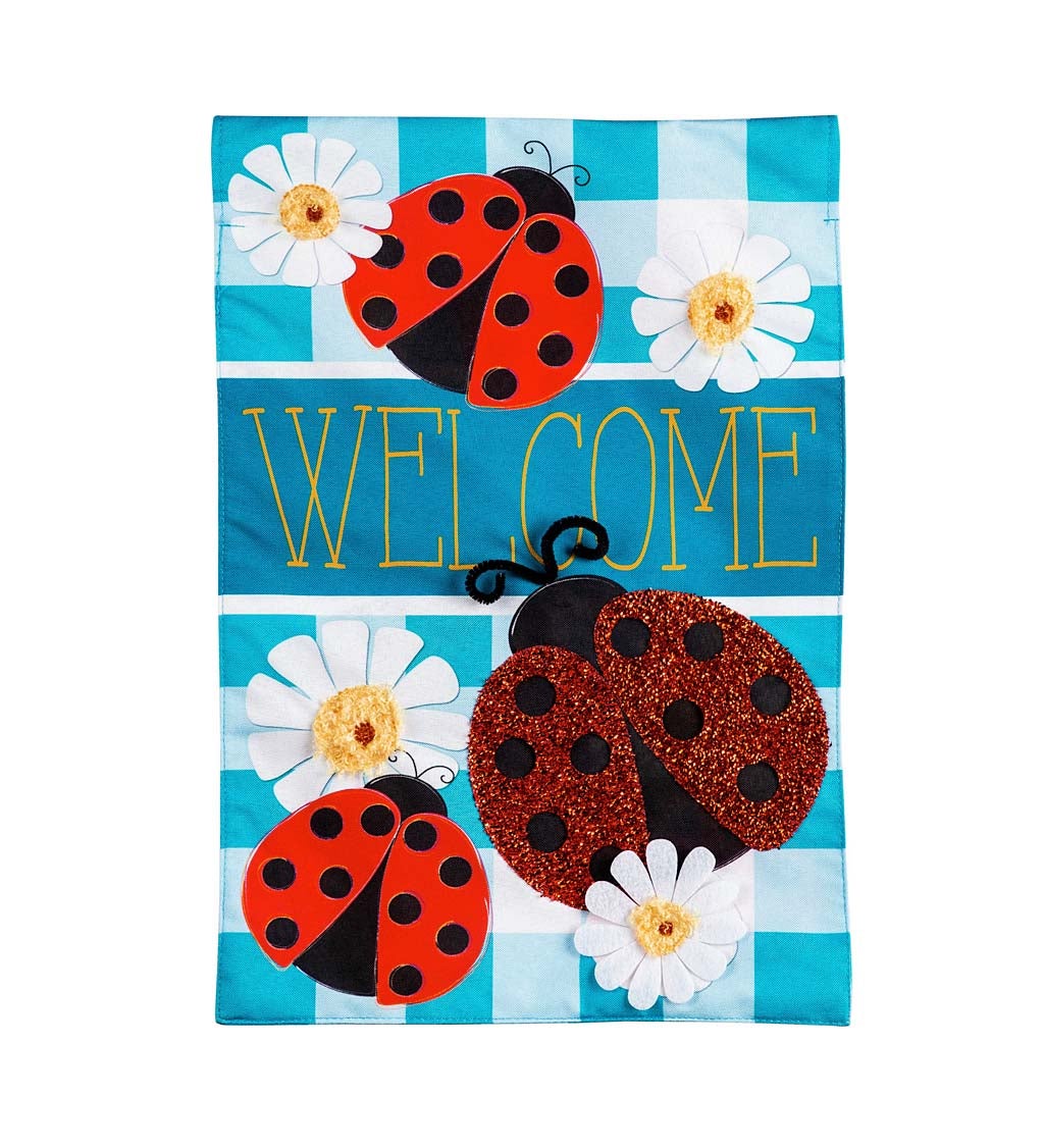 Ladybug Plaid Welcome Garden Linen Flag