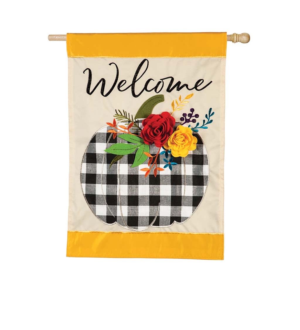 Welcome Floral Plaid Pumpkin House Applique Flag