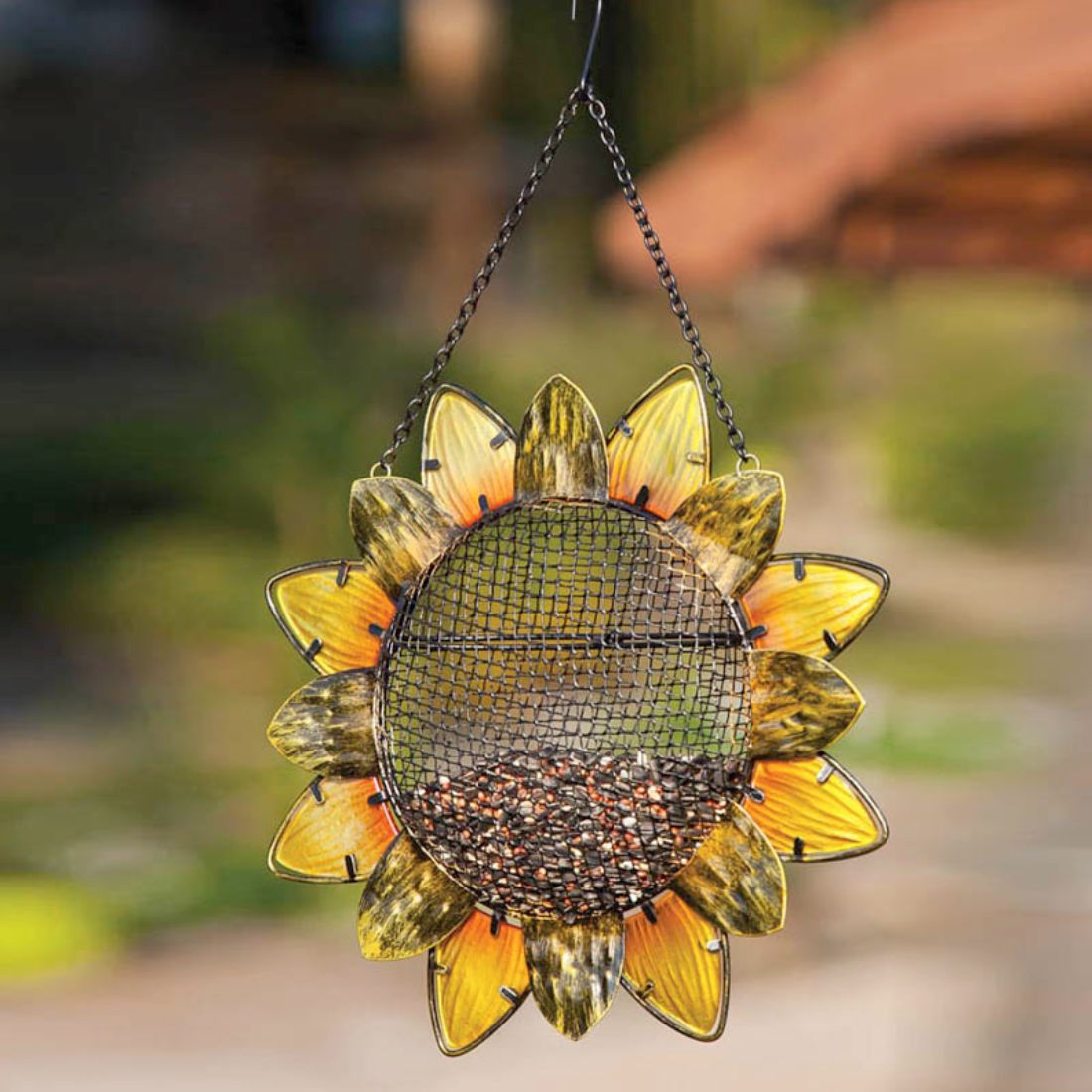 Sunflower Metal and Glass Hanging Mesh Bird Feeder