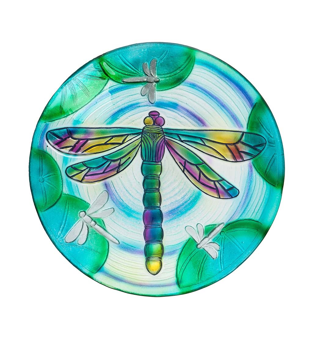 18" Hand Painted Embossed Glass Bird Bath, Fluttering Dragonfly Pond