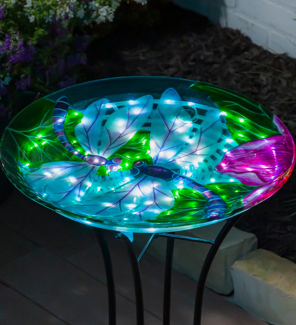 18" Solar Hand Painted Embossed Glass Bird Bath with Stand, Dragonfly Duo
