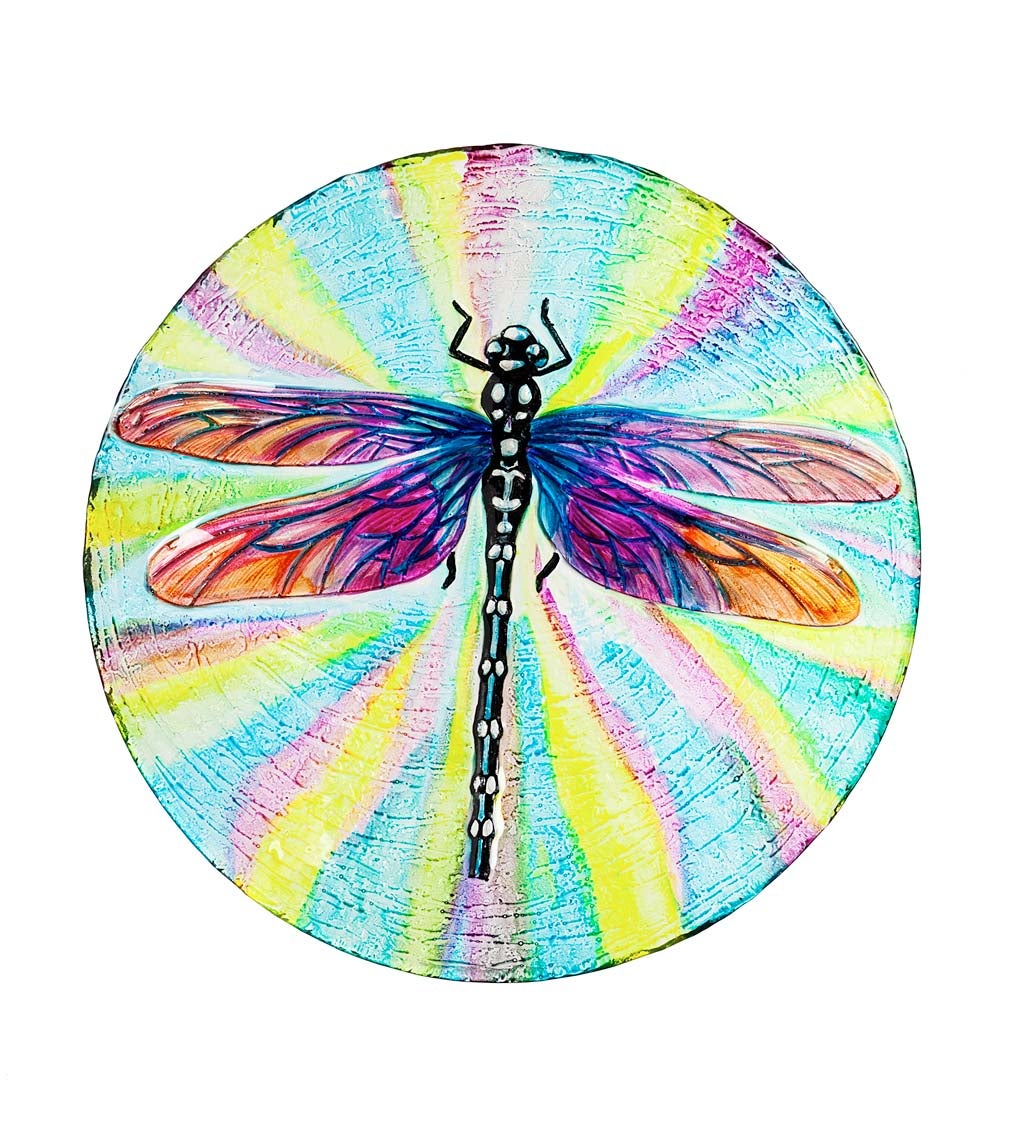 18" Hand Painted Glass Bird Bath with Oil Paint Finish, Dragonfly