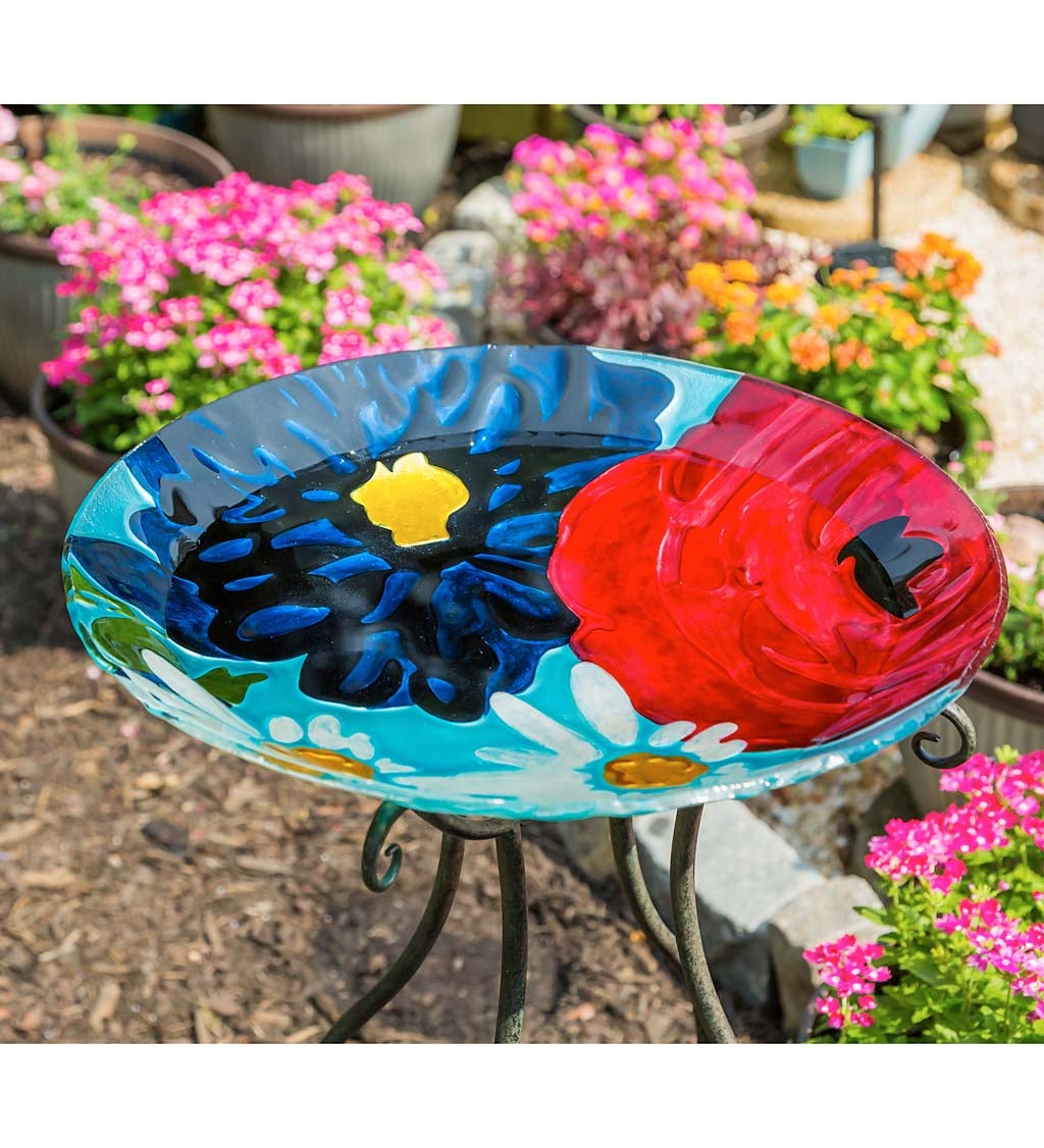 18" Hand Painted Embossed Glass Bird Bath, Red/White/Blue Florals