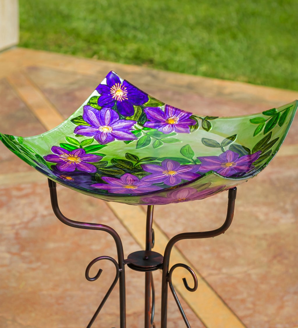 16.5" Hand Painted Embossed Square Glass Birdbath, Purple Floral