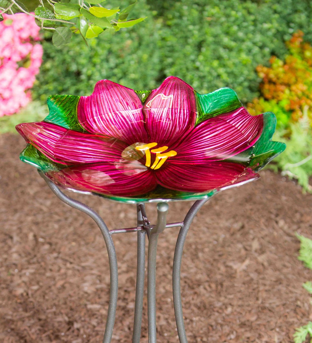 18" Hand Painted and Embossed Shaped Bird Bath, Pink Flower