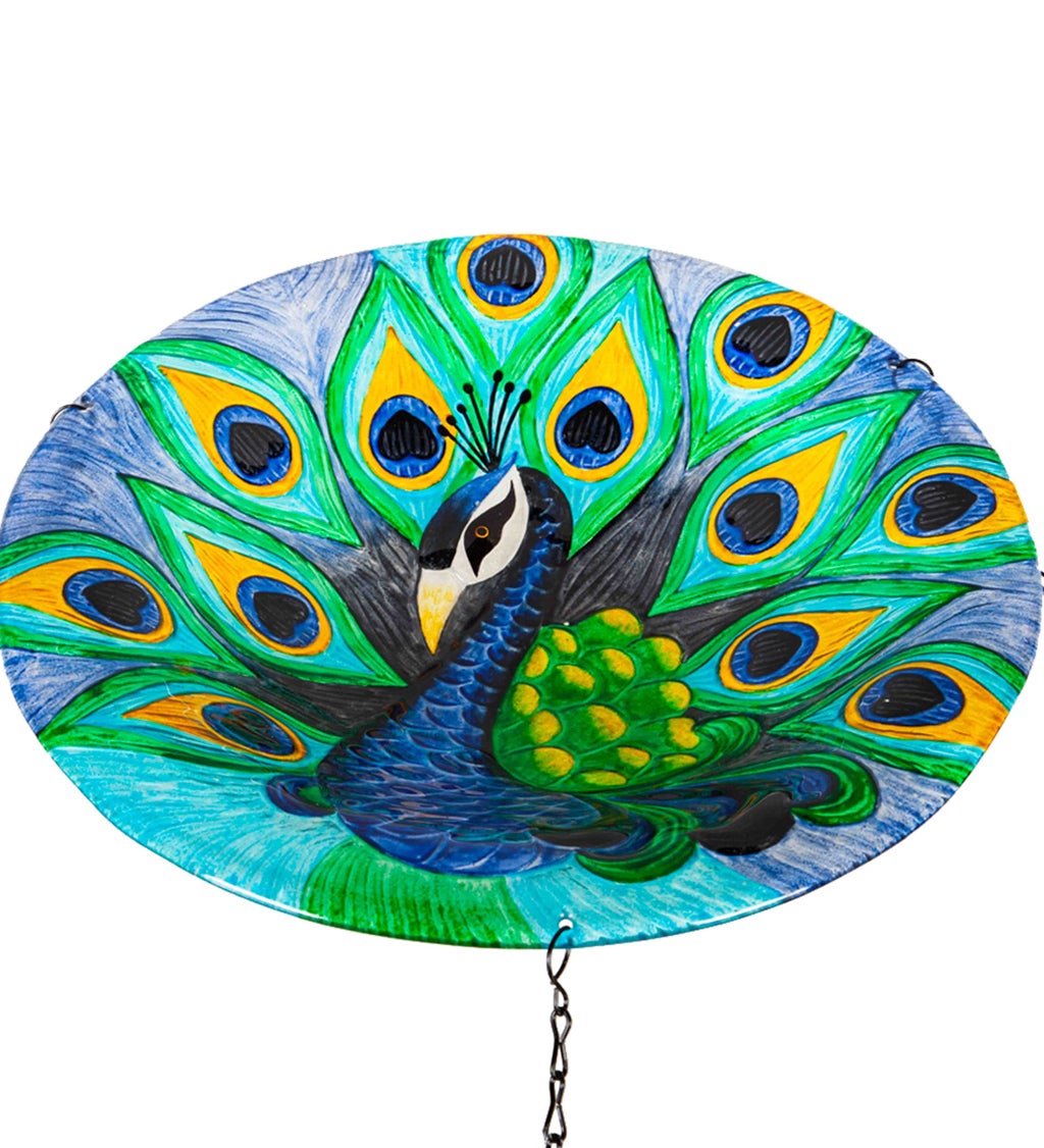 14" Glass Hanging Birdbath, Peacock