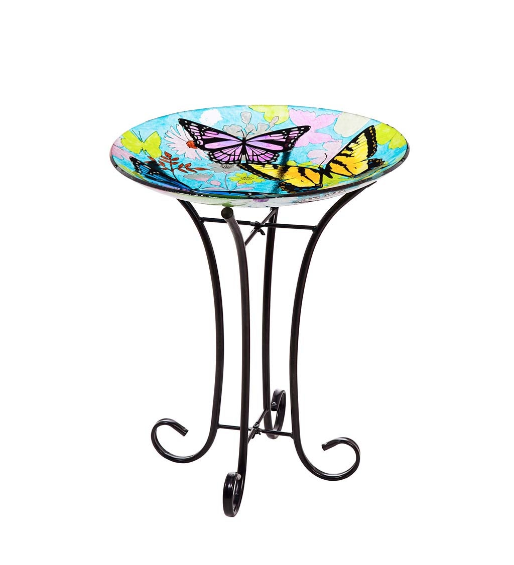 16" Glass Birdbath w/ Stand, Bountiful Butterfly