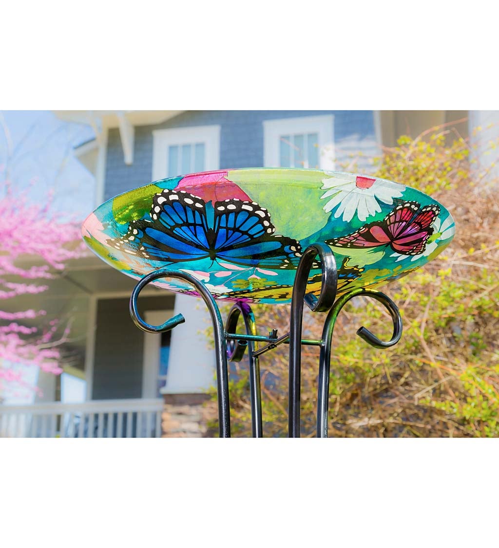 16" Glass Birdbath w/ Stand, Bountiful Butterfly