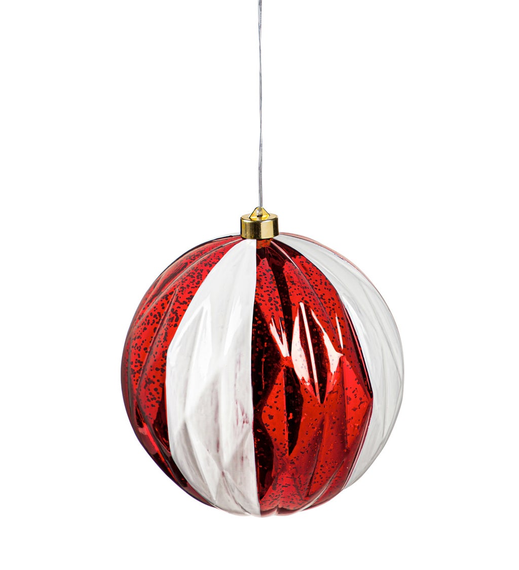 8" Shatterproof Outdoor Safe Battery Operated LED Ornament, Red and White Faceted Orb