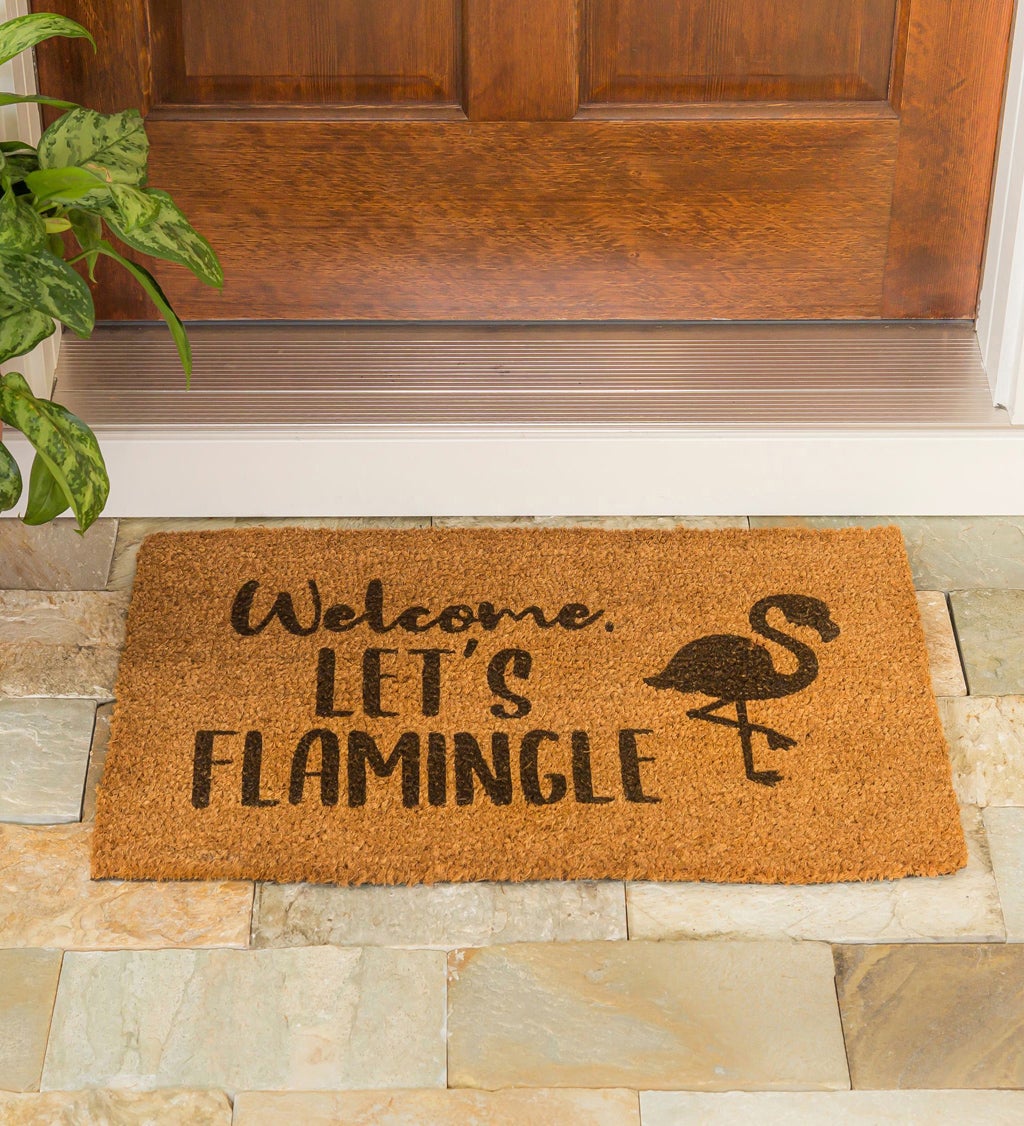 "Welcome, Let's Flamingle" Decorative Coir Mat, 16" x 28"
