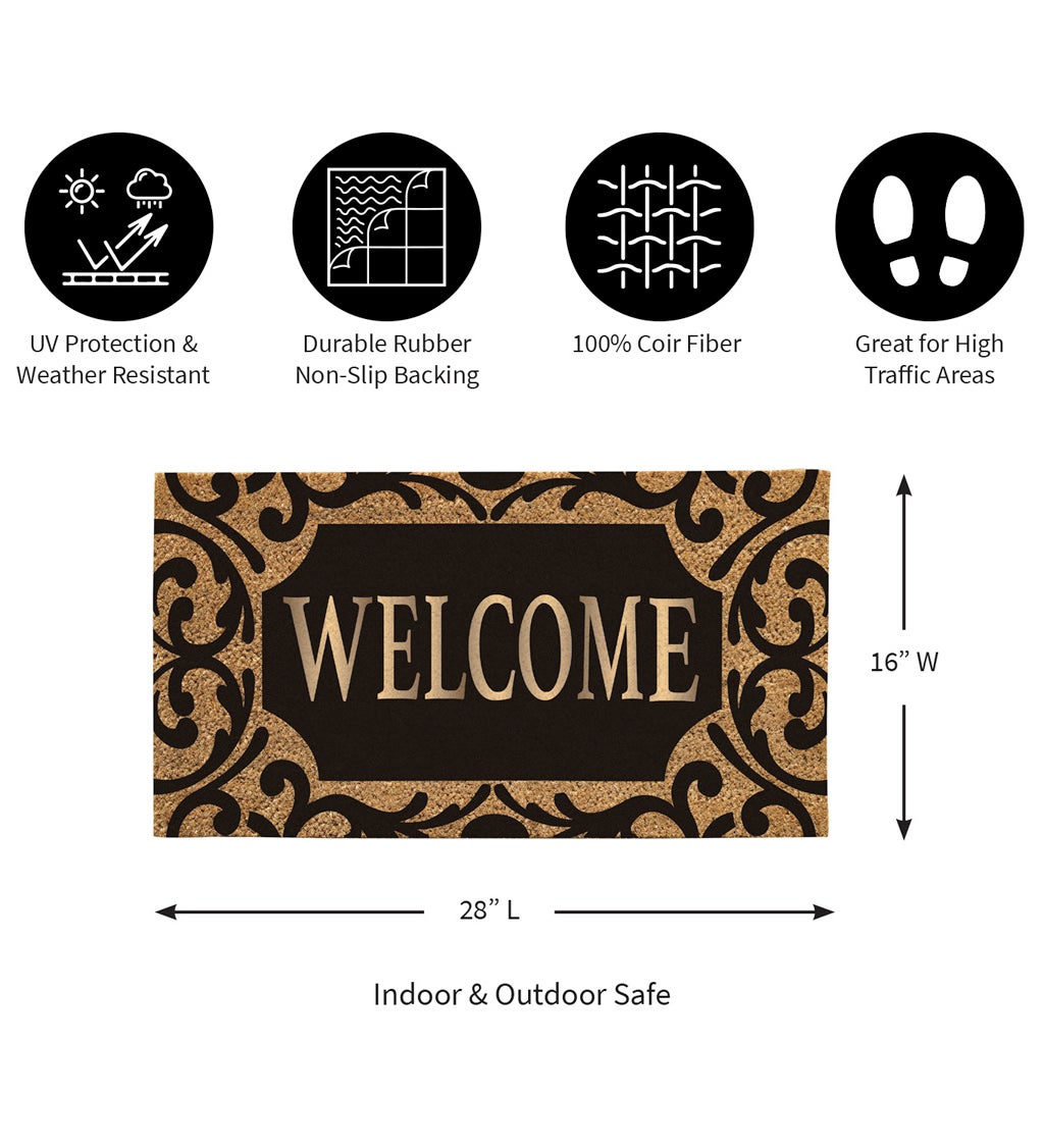 Scroll Metallic Welcome Rubber Inset Decorative Coir Mat , 16" x 28"