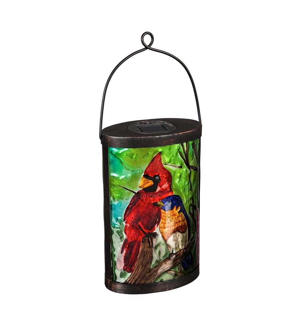 Cardinal and Blue Bird Hand Painted Solar Glass Lantern