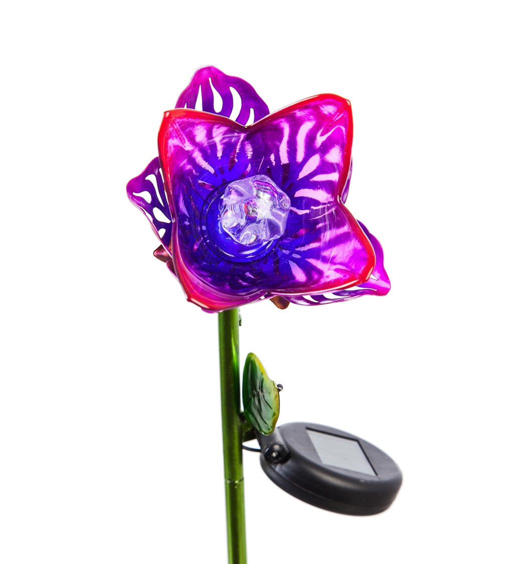 Solar Glass and Metal Flower Plant Pick, Pink&Purple