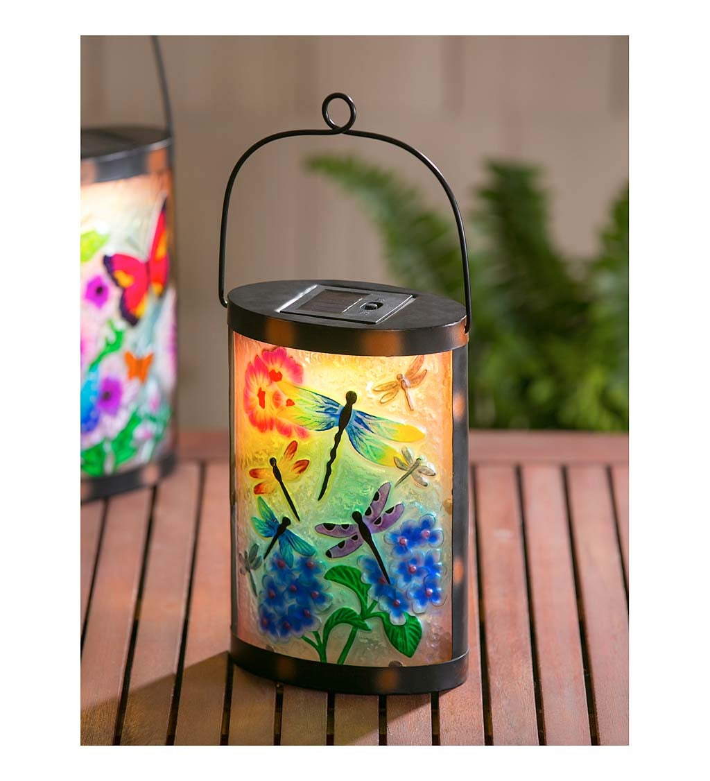 Handpainted Solar Glass Lantern, Dragonfly Prints