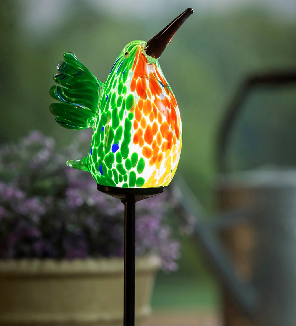 23"H Solar Art Glass Garden Stake, Hummingbird