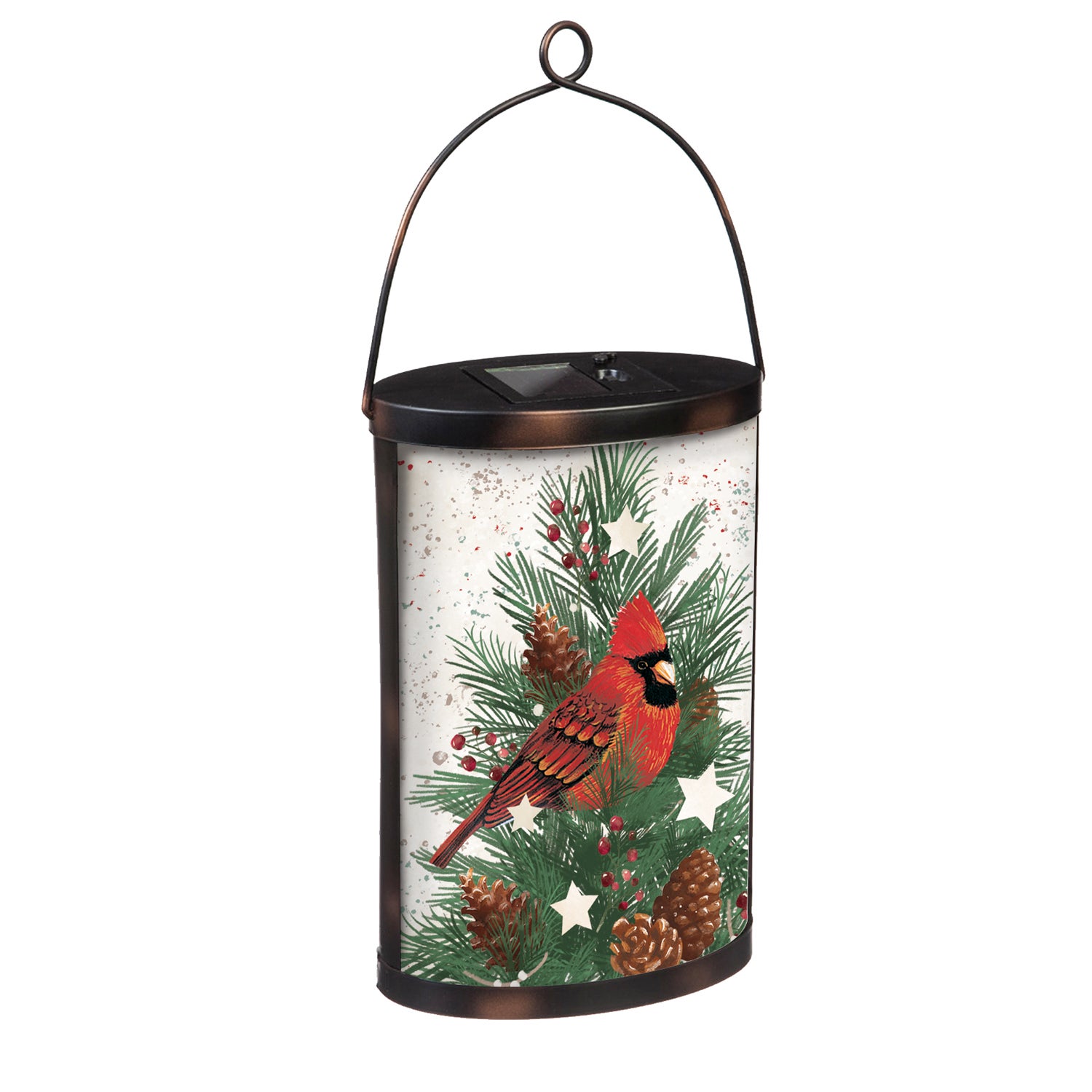 Cardinal and Winter Spruce Hand Painted Solar Glass Lantern