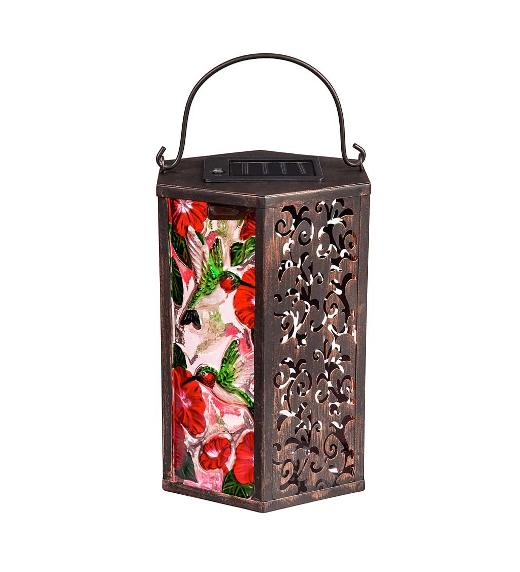 Handpainted Embossed Glass and Metal Solar Lantern, Hummingbird and Florals