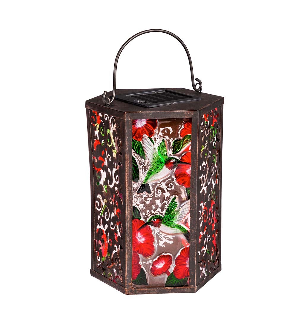Handpainted Embossed Glass and Metal Solar Lantern, Hummingbird and Florals