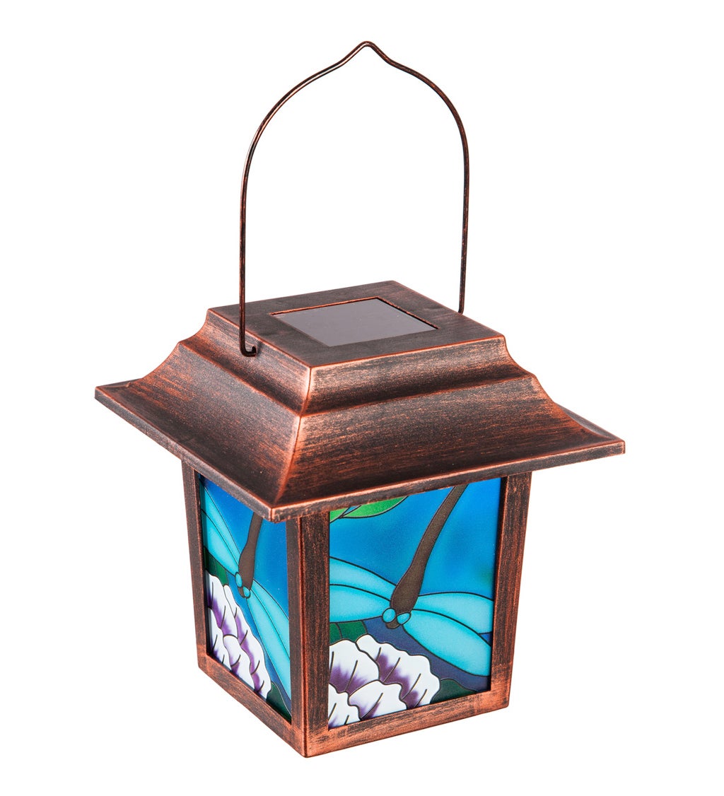 10"H Solar Decorative Panel Lantern with Bronze Frame, Dragonfly