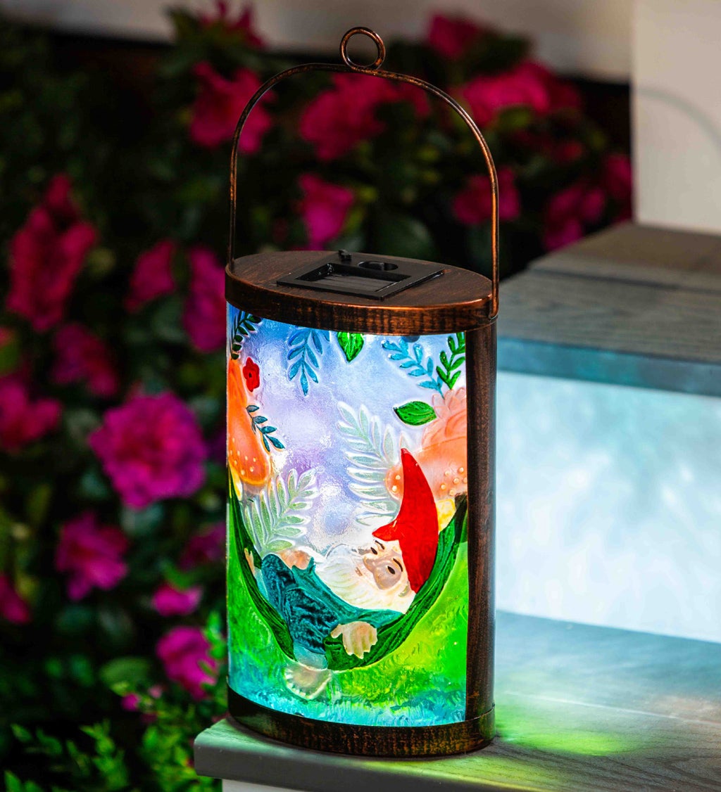 Handpainted Solar Glass Lantern, Peaceful Gnome