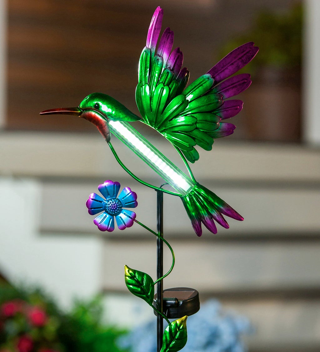 37"H Solar Drip Light Garden Stake, Flying Hummingbird