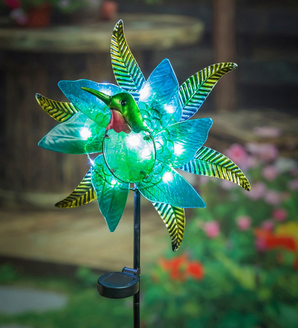 48"H Solar Staked Wind Spinner, Glass Hummingbird