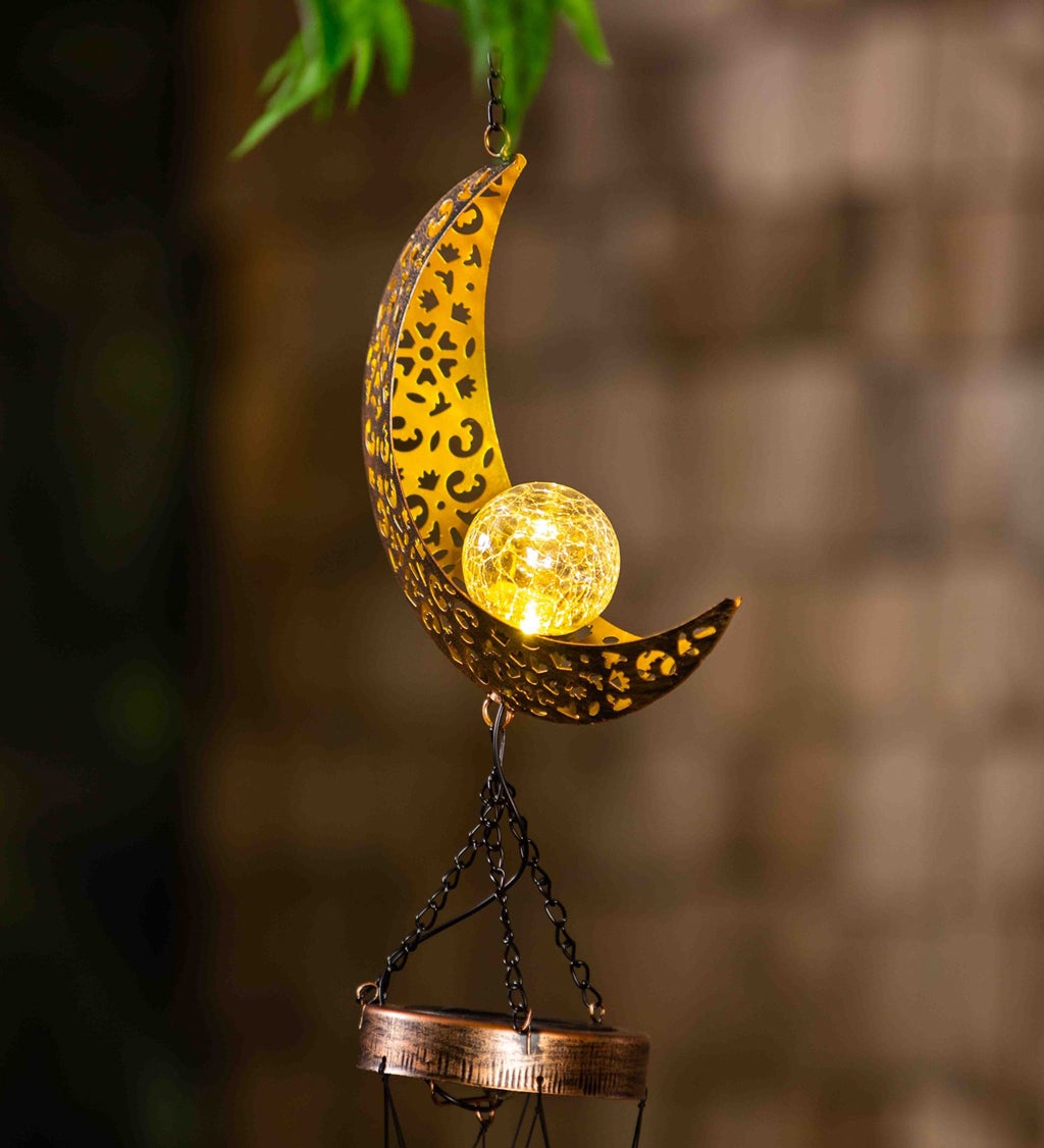 Solar Wind Chime with Crackle Glass Globe, Moon