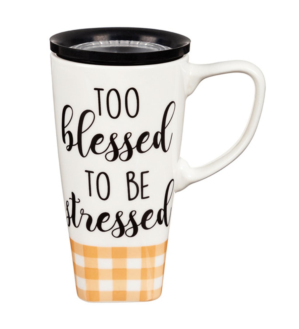 Ceramic FLOMO 360 Travel Cup, 17 oz., Too Blessed To Be Stressed