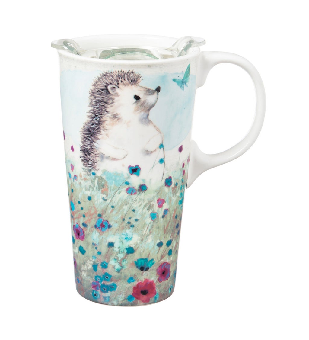 Ceramic Travel Cup With Box And Tritan Lid, 17 Oz, Hedgehog in the Meadow
