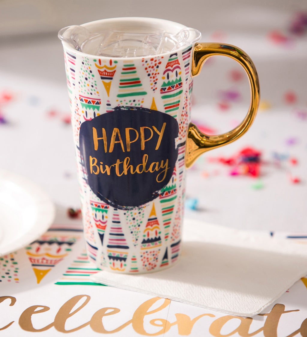 Ceramic Travel Cup with box and Tritan Lid, 17 oz, Birthday Confetti