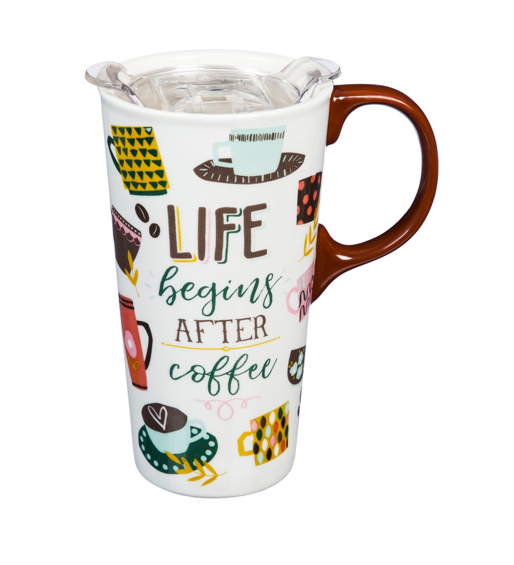 Ceramic Travel Cup with box and Tritan Lid, 17 oz, Life Begins After Coffee