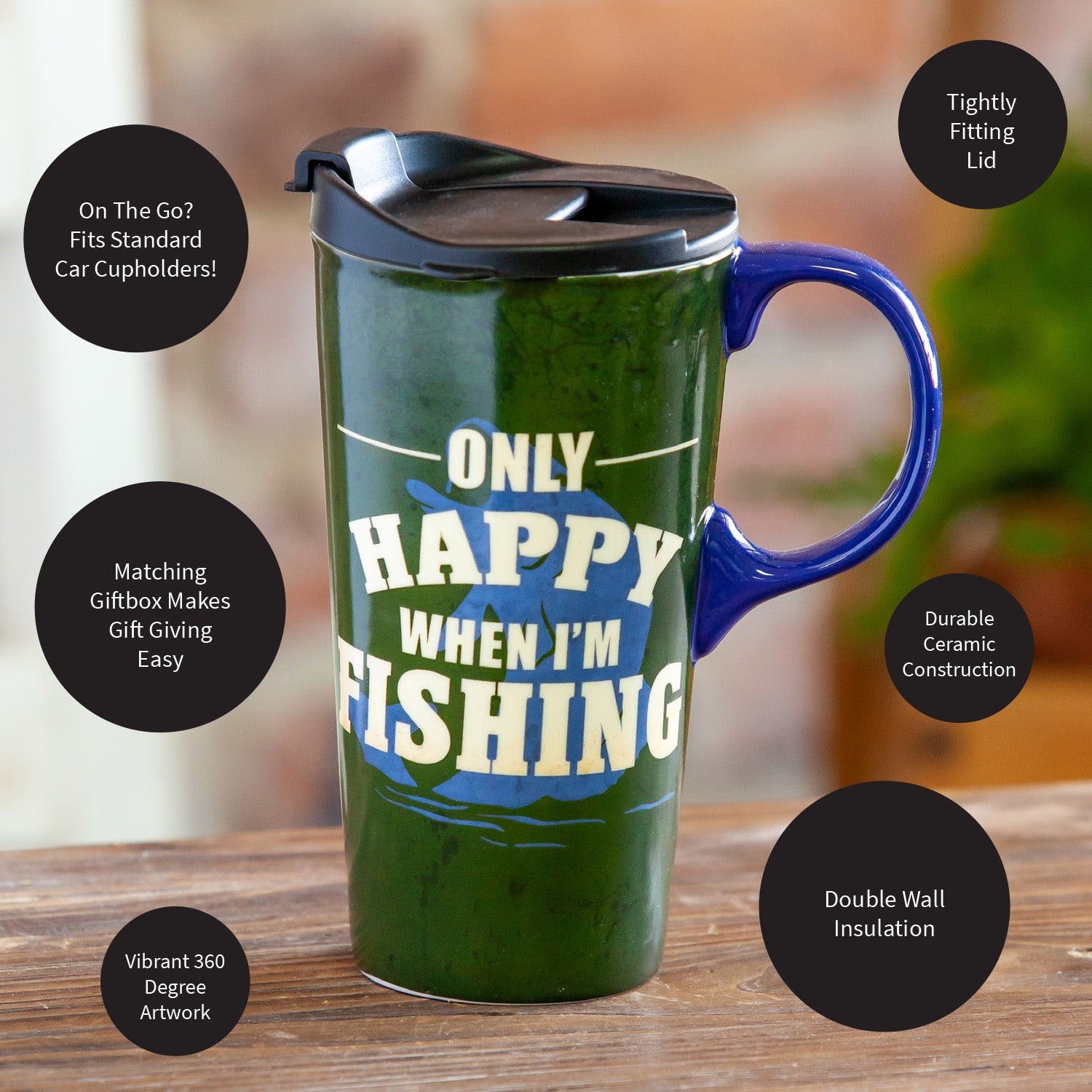 Only Happy When I'm Fishing 17 oz. Ceramic Travel Cup with box