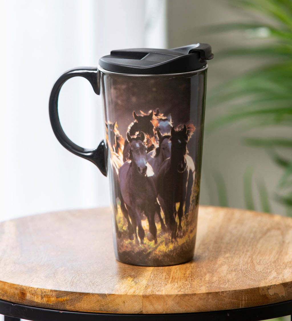 Ceramic Travel Cup with box, 17 Oz, Running Horses