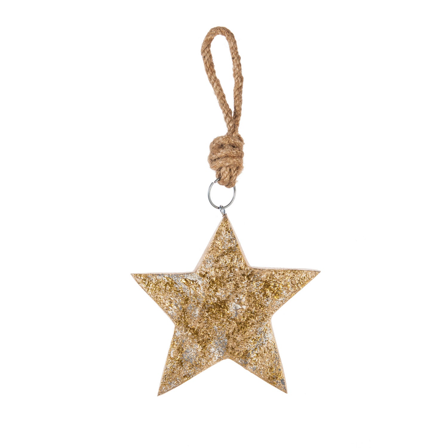 Wooden Star Ornaments with Gold and Rope Hanging Cord Set of 3