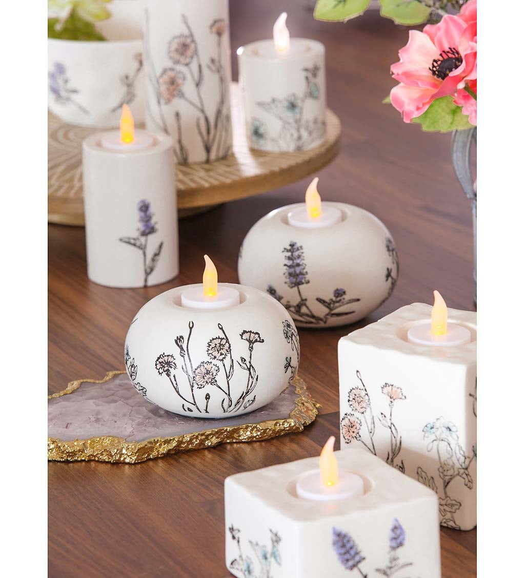 Stamped Botanical Ceramic Round Tealight Holders, Set of 2