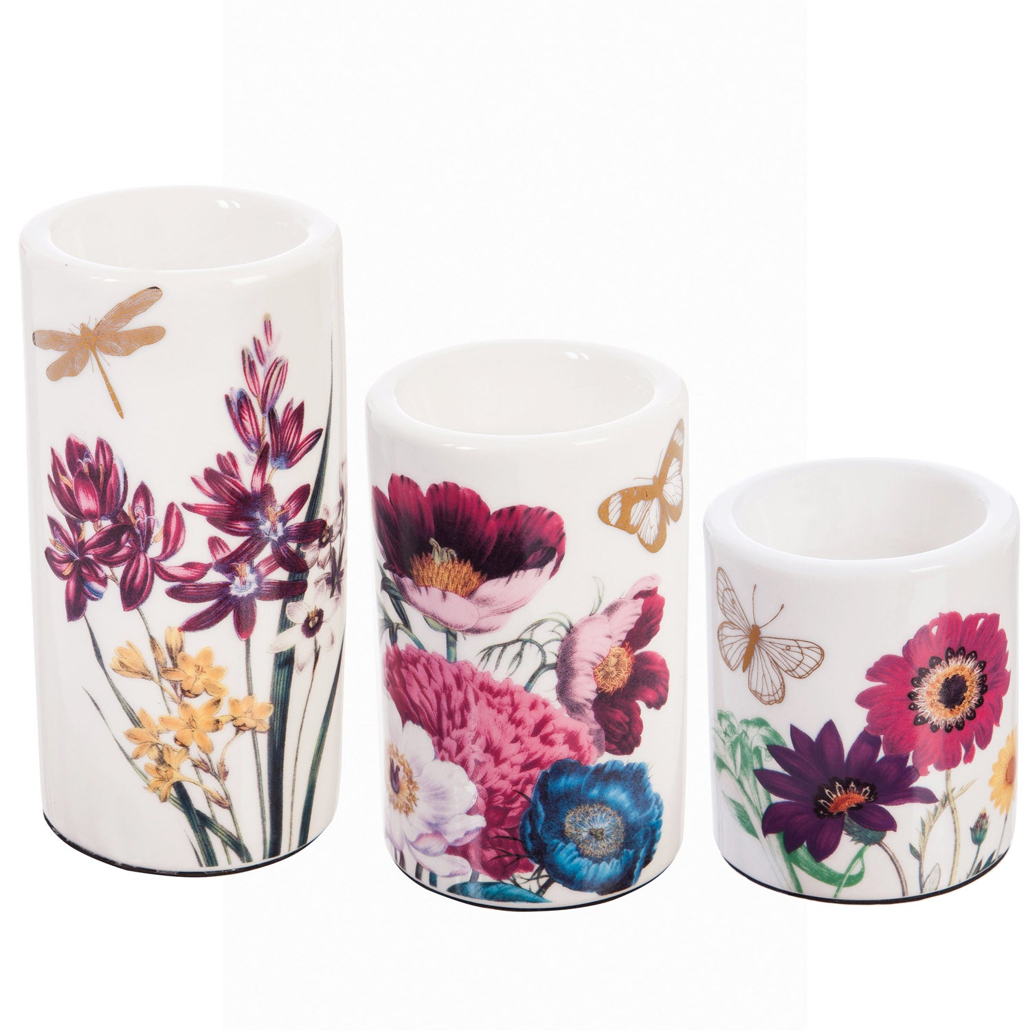 Vivid Bouquet Ceramic Pillar Tealight Holders, Set of 3
