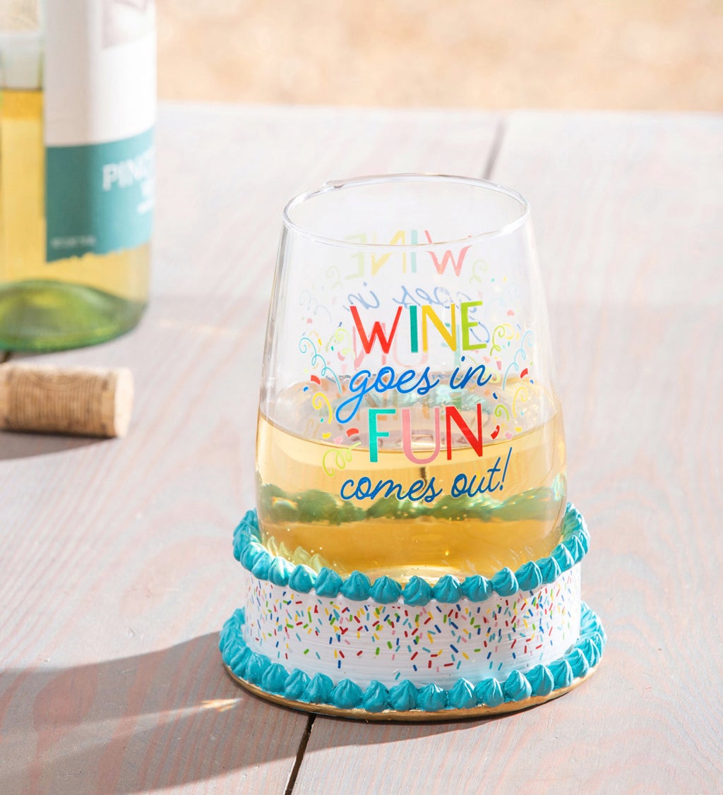 Stemless Wine Glass with Coaster Base, 17 oz, Wine Goes In