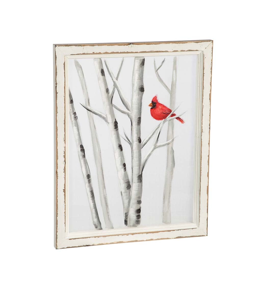 Birch Trees with Red Cardinal Hand Painted Screen Wood Frame Wall Decor