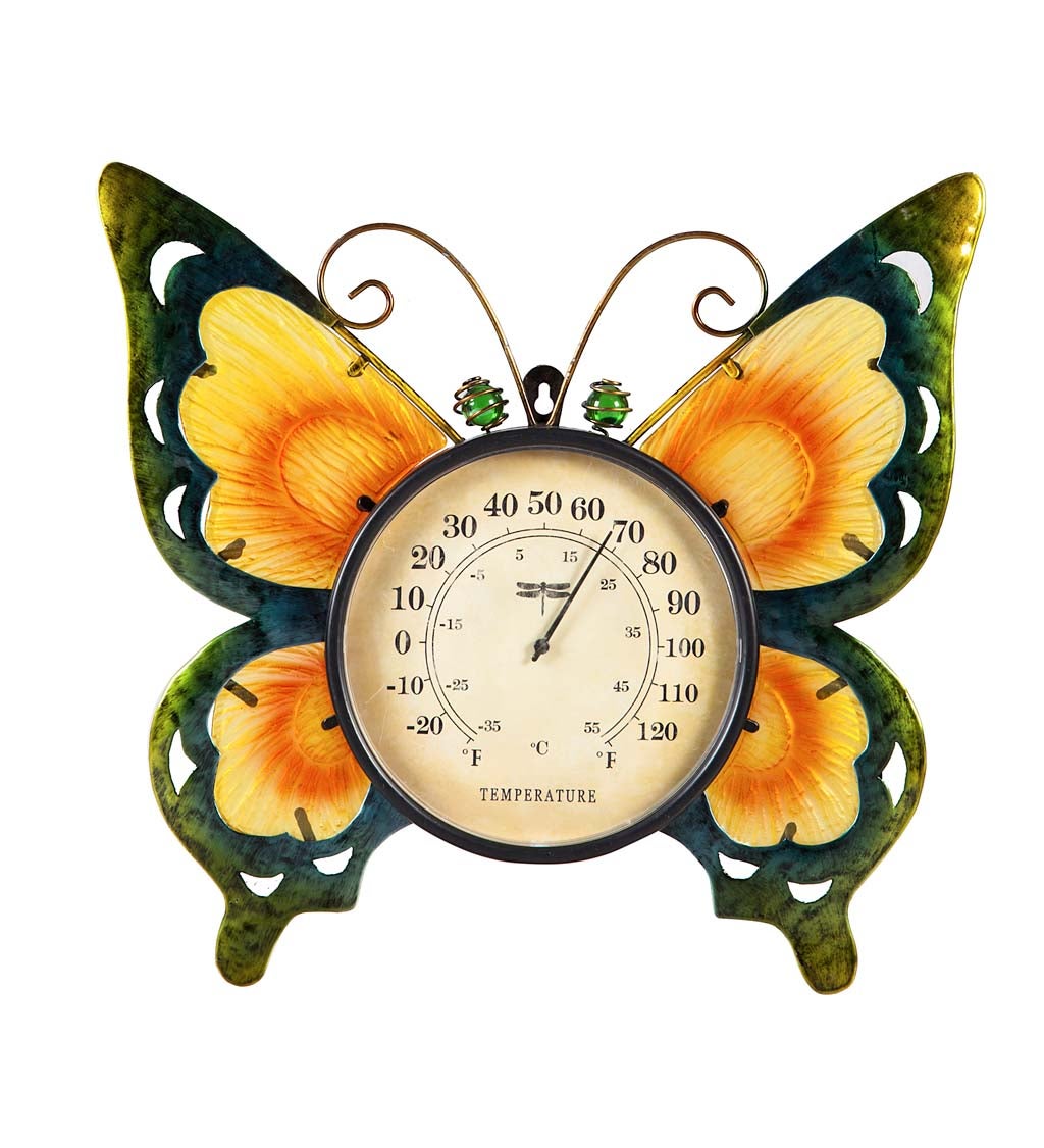 Butterfly Glass and Metal Outdoor Wall Thermometer
