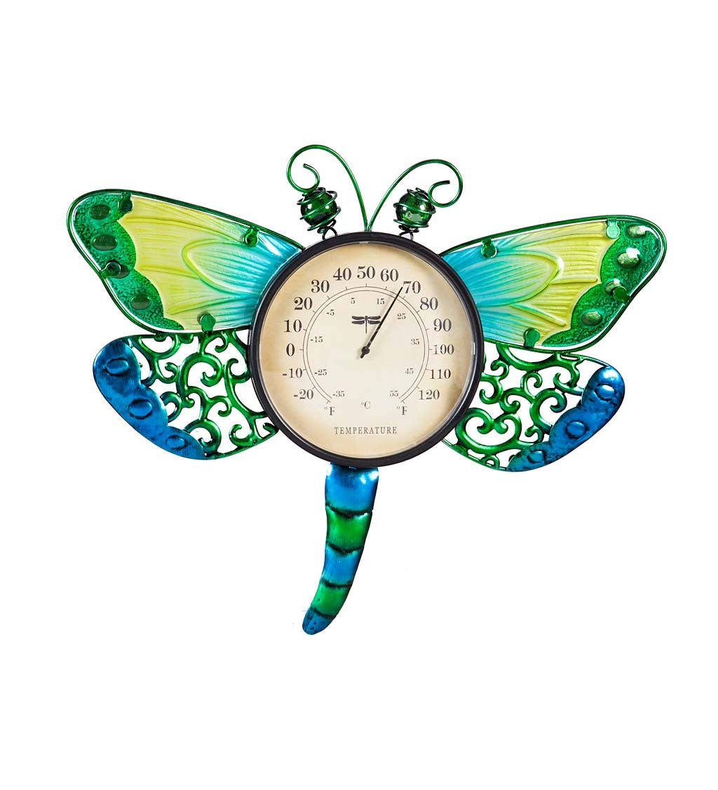 Dragonfly Glass and Metal Outdoor Wall Thermometer