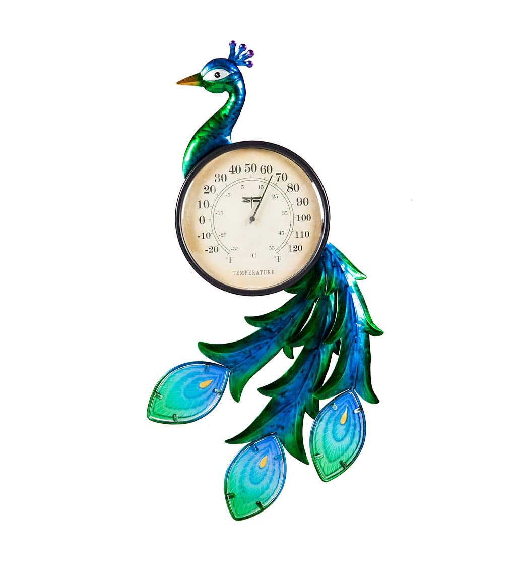 Peacock Glass and Metal Outdoor Wall Thermometer