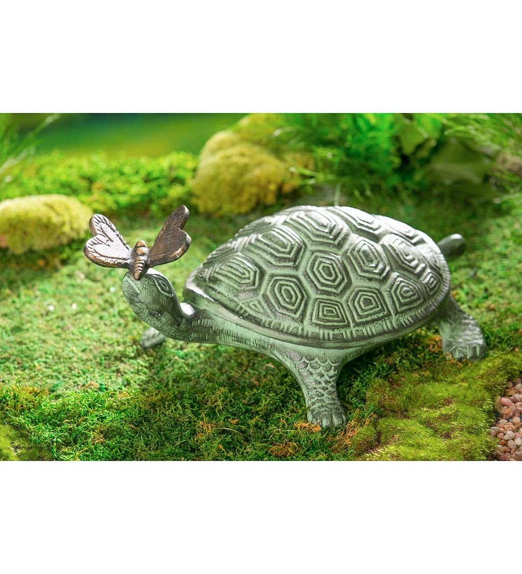 Turtle and Butterfly Verdigris Metal Garden Statuary