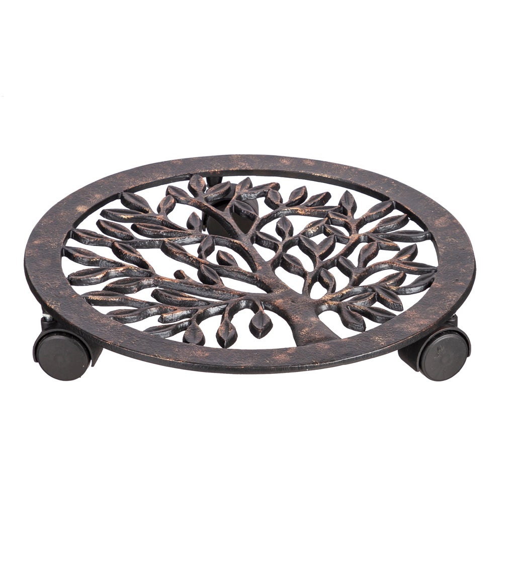 11.5"D Bronze Metal Rolling Plant Trolley, Tree of Life