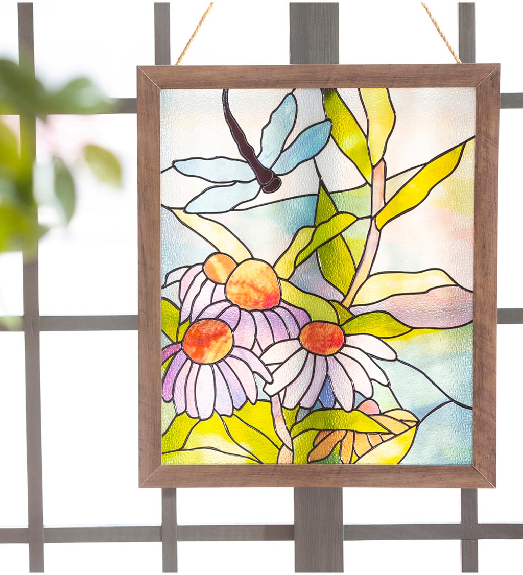 Stained Glass Floral Dragonfly Framed Wall Art